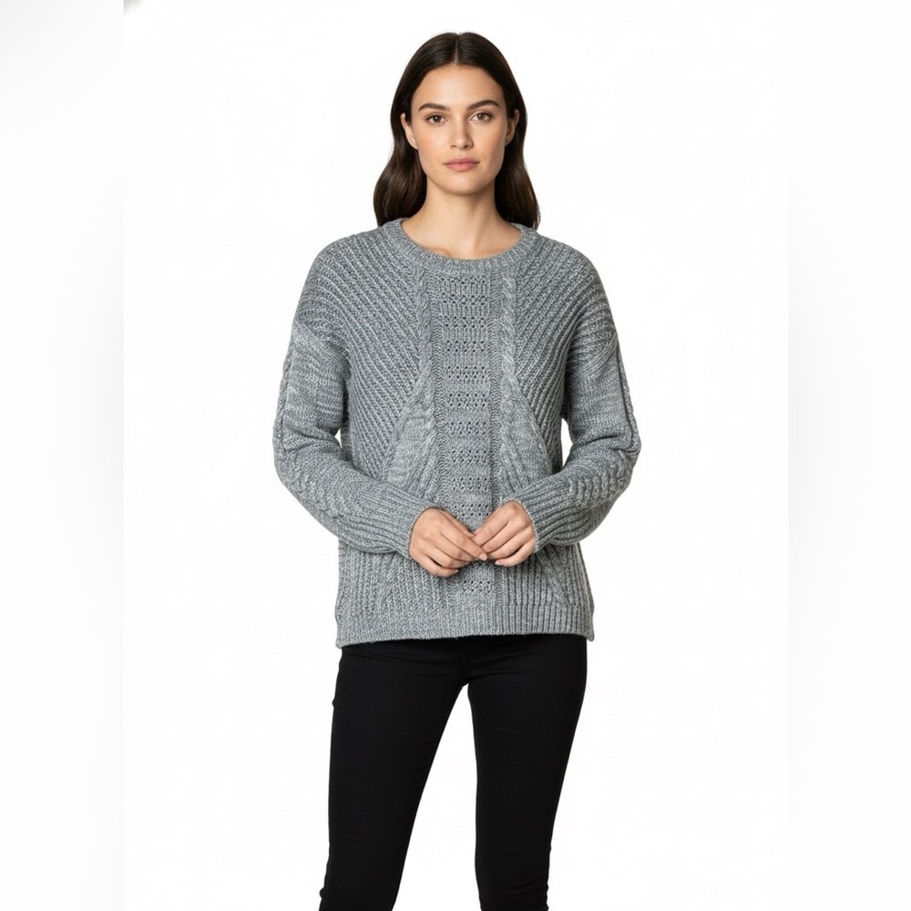 DUFFY 100% Merino Wool Grey Chunky Cable Knit Long Sleeve Crew Neck Sweater Sz S